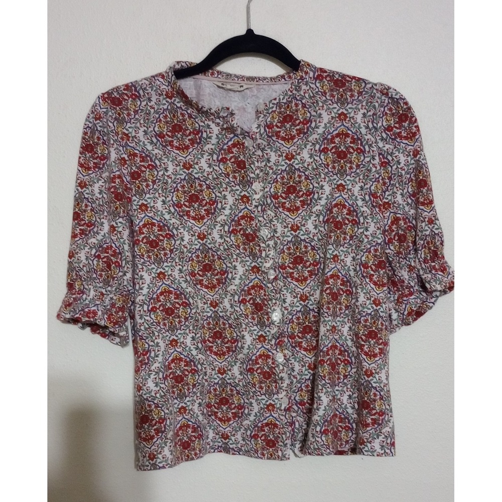 Boden Womens Red Damask Paisley Cotton Tencel Modal Button Down Blouse Size 10